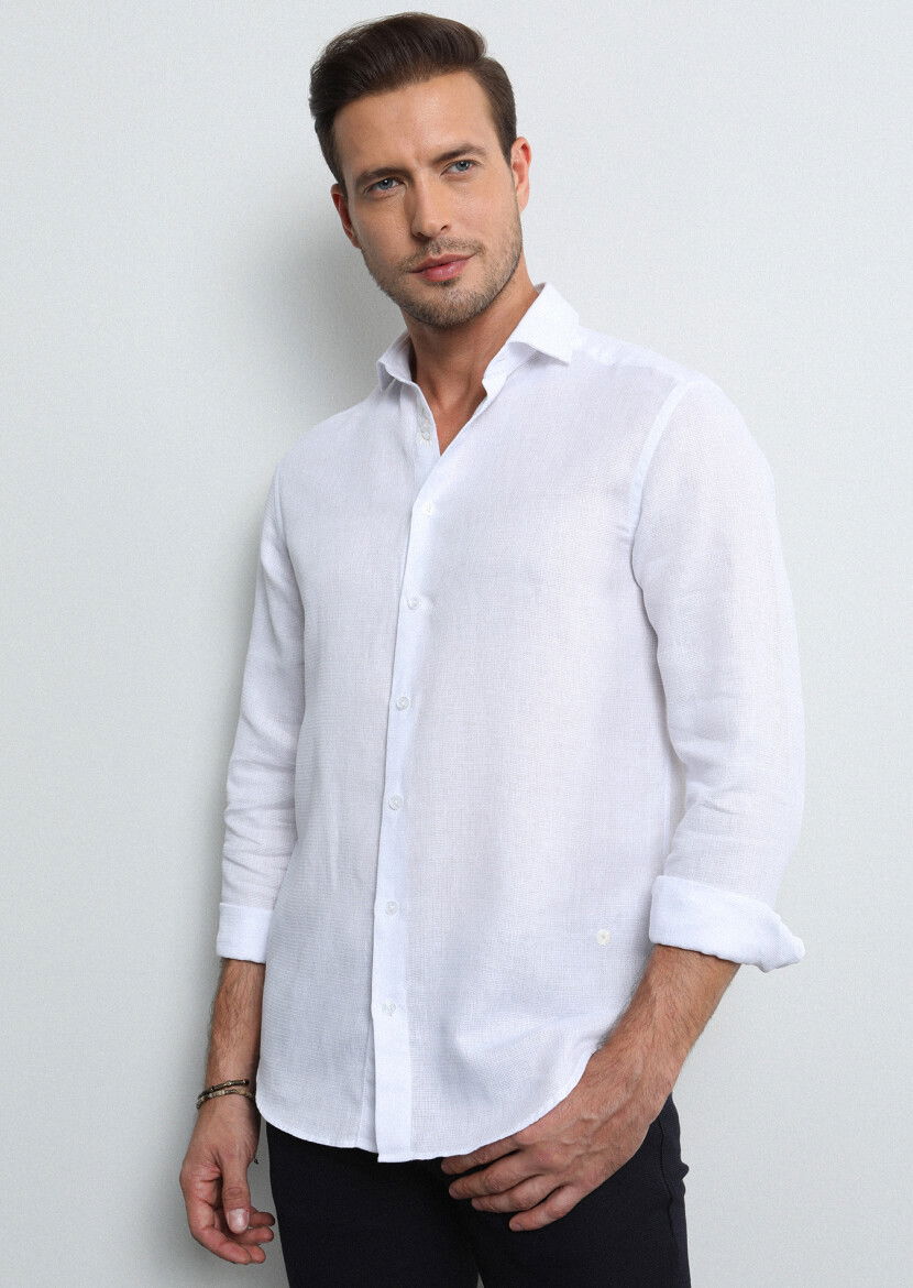White Regular Fit Weaving Casual Cotton Blended Shirt - 3