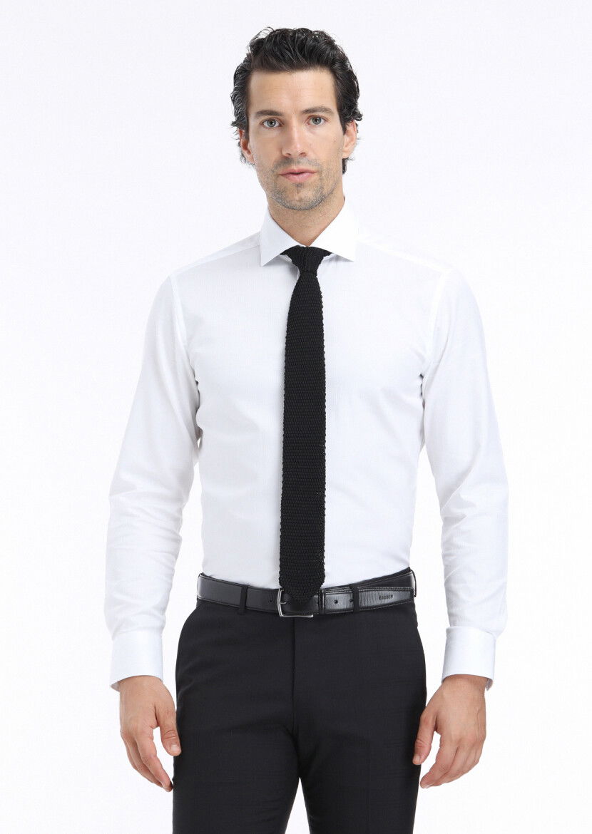 White Striped Regular Fit Weaving Classical 100% Cotton Shirt - 2