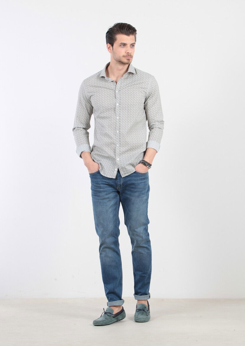 Yeşil Baskılı Fitted Fit Dokuma Casual %100 Pamuk Gömlek 