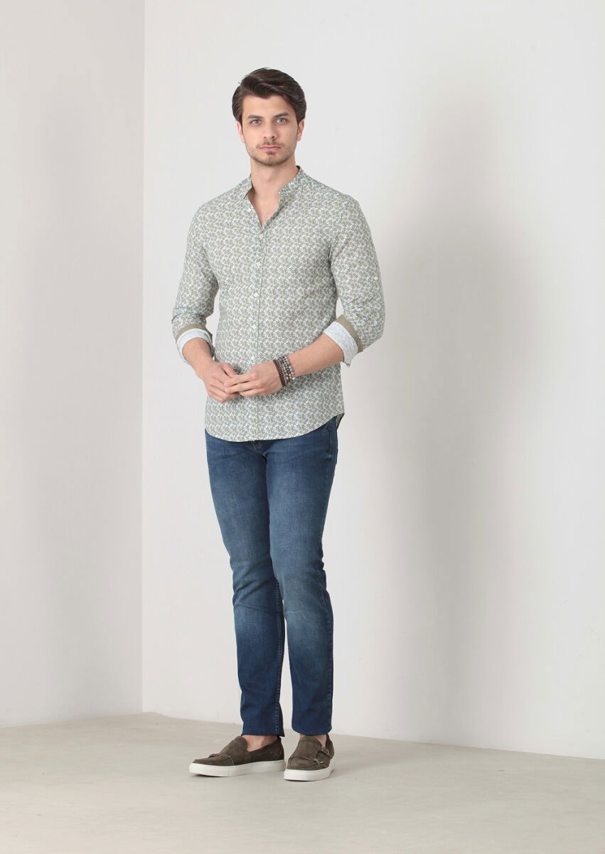 Yeşil Baskılı Fitted Fit Dokuma Casual %100 Pamuk Gömlek - 1