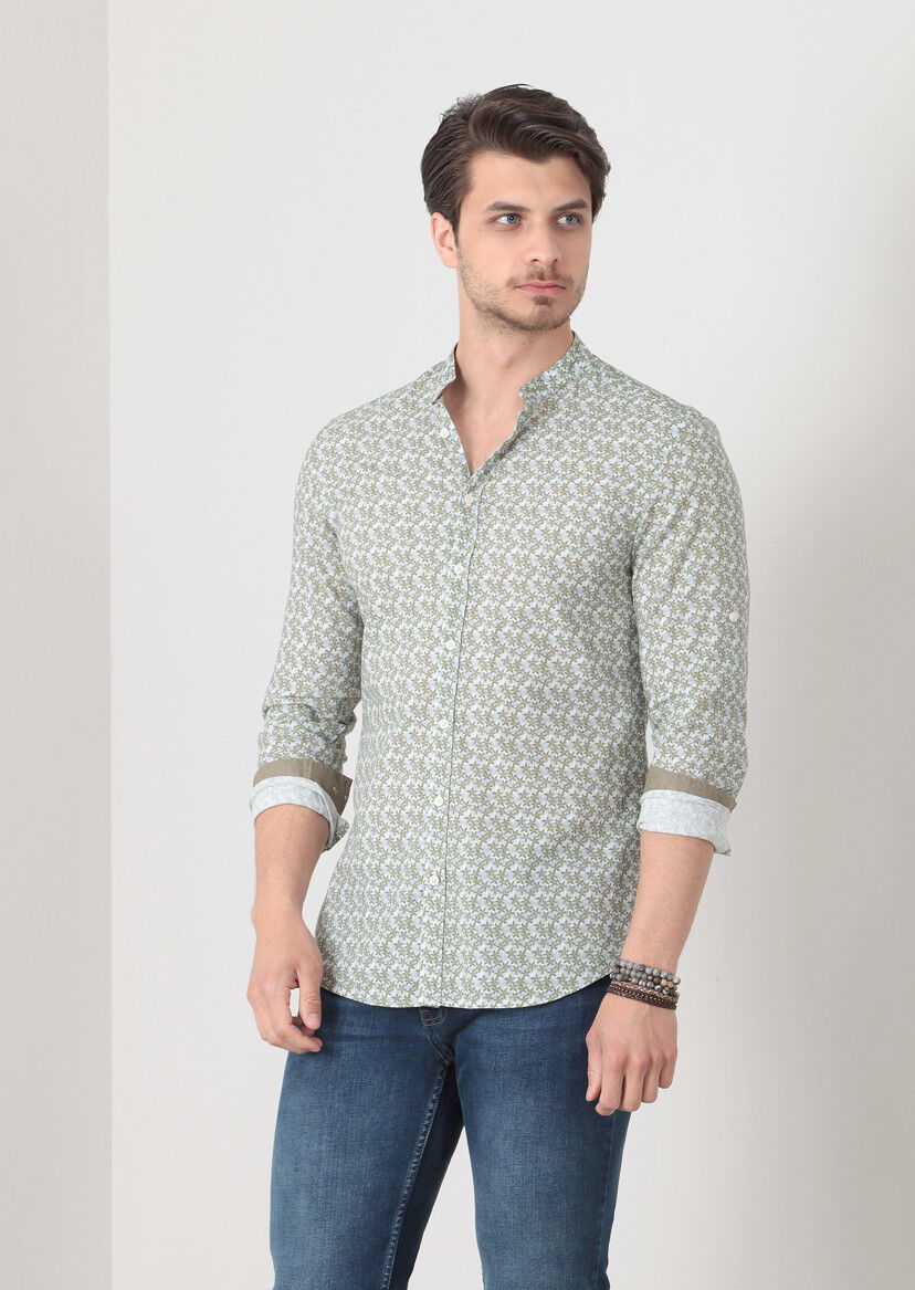 Yeşil Baskılı Fitted Fit Dokuma Casual %100 Pamuk Gömlek - 2