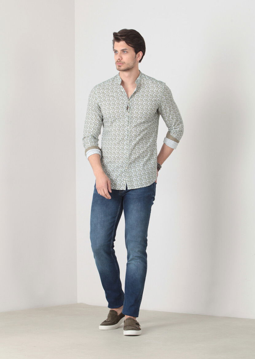 Yeşil Baskılı Fitted Fit Dokuma Casual %100 Pamuk Gömlek - 3
