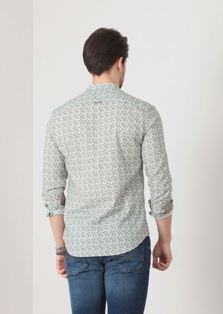 Yeşil Baskılı Fitted Fit Dokuma Casual %100 Pamuk Gömlek - 5