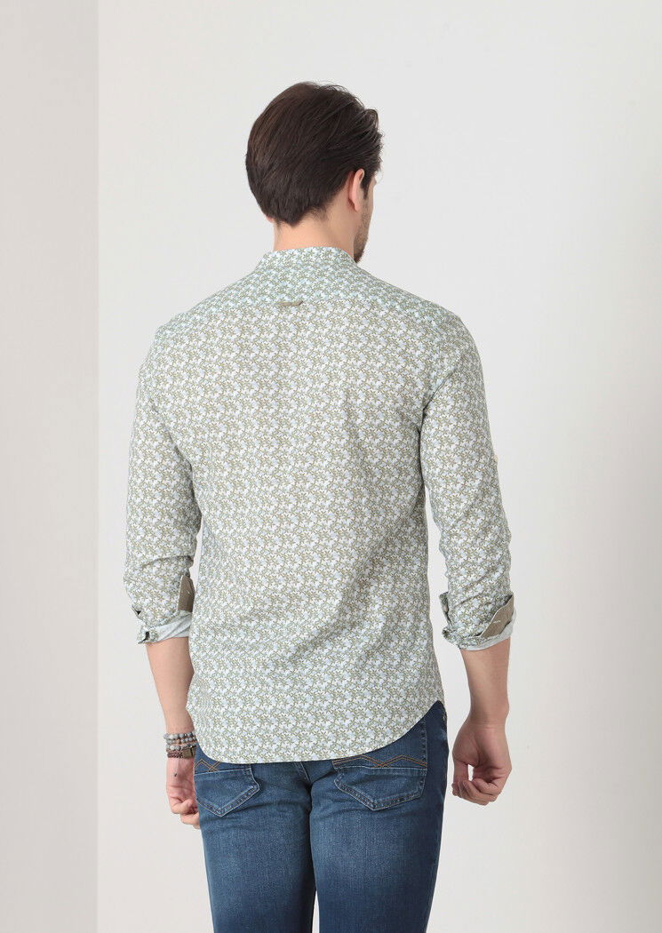 Yeşil Baskılı Fitted Fit Dokuma Casual %100 Pamuk Gömlek - 5