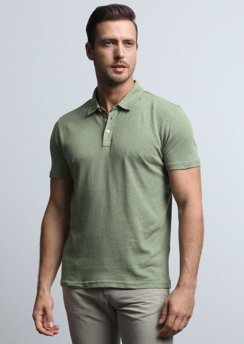 Yeşil Baskılı Polo Yaka Pamuk Karışımlı T-Shirt - 3