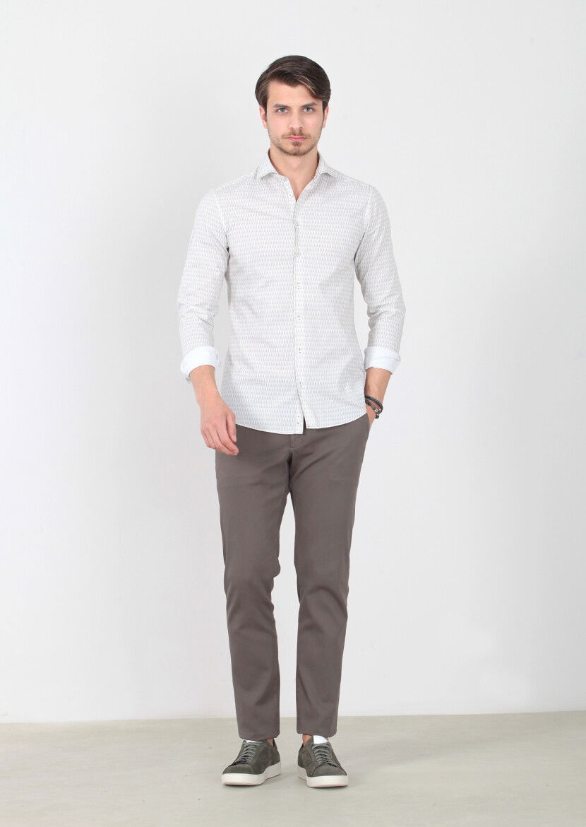 Yeşil Baskılı Slim Fit Dokuma Casual %100 Pamuk Gömlek 