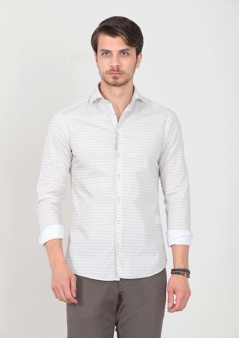 Yeşil Baskılı Slim Fit Dokuma Casual %100 Pamuk Gömlek 