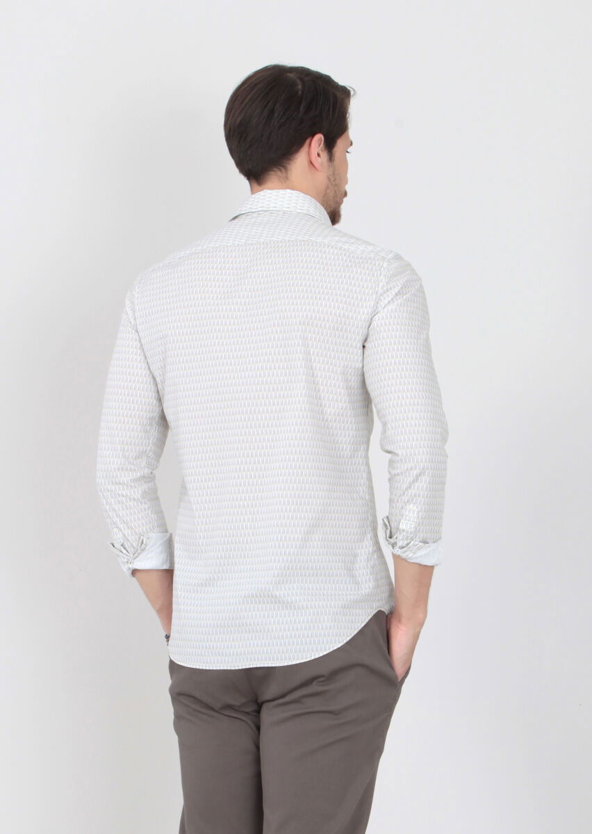 Yeşil Baskılı Slim Fit Dokuma Casual %100 Pamuk Gömlek - 4