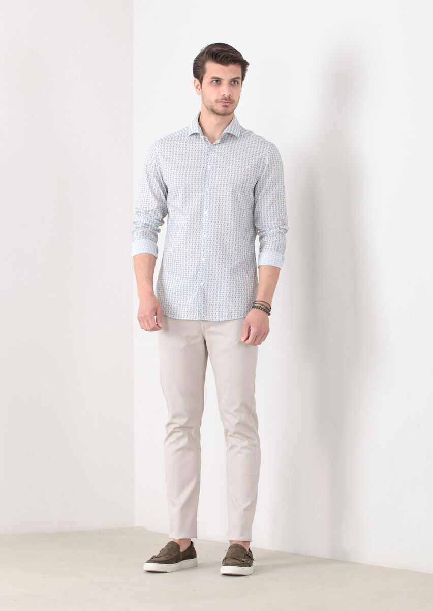 Yeşil Baskılı Slim Fit Dokuma Casual %100 Pamuk Gömlek - 1