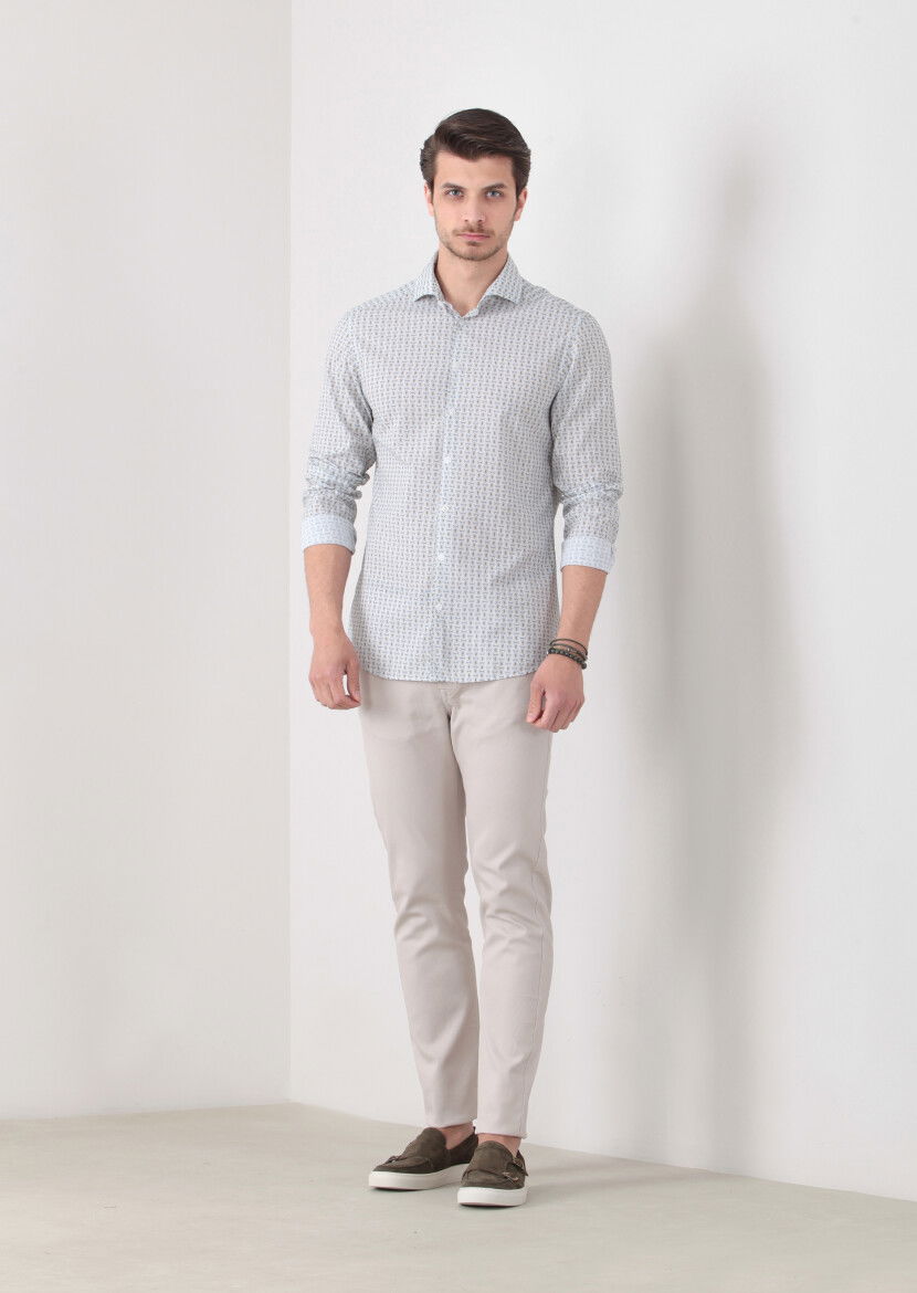 Yeşil Baskılı Slim Fit Dokuma Casual %100 Pamuk Gömlek - 2