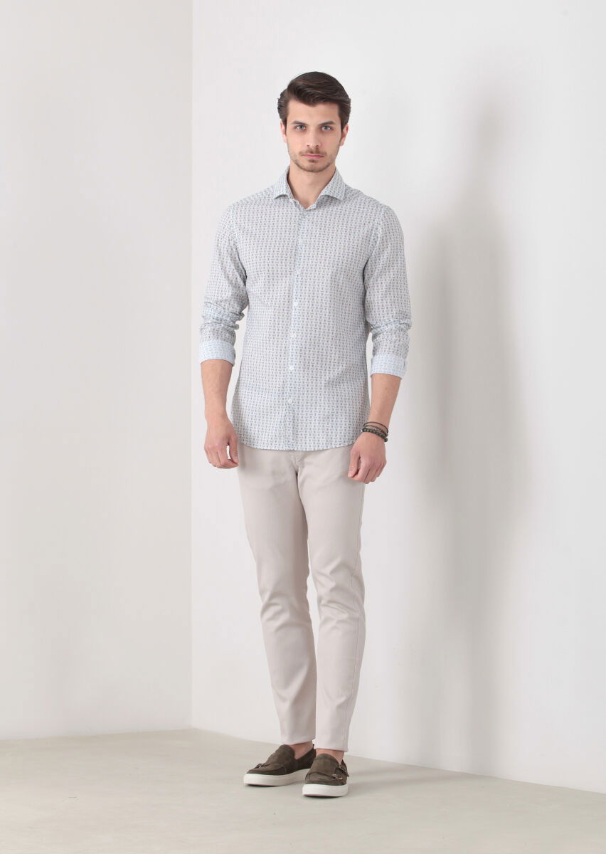 Yeşil Baskılı Slim Fit Dokuma Casual %100 Pamuk Gömlek - 2