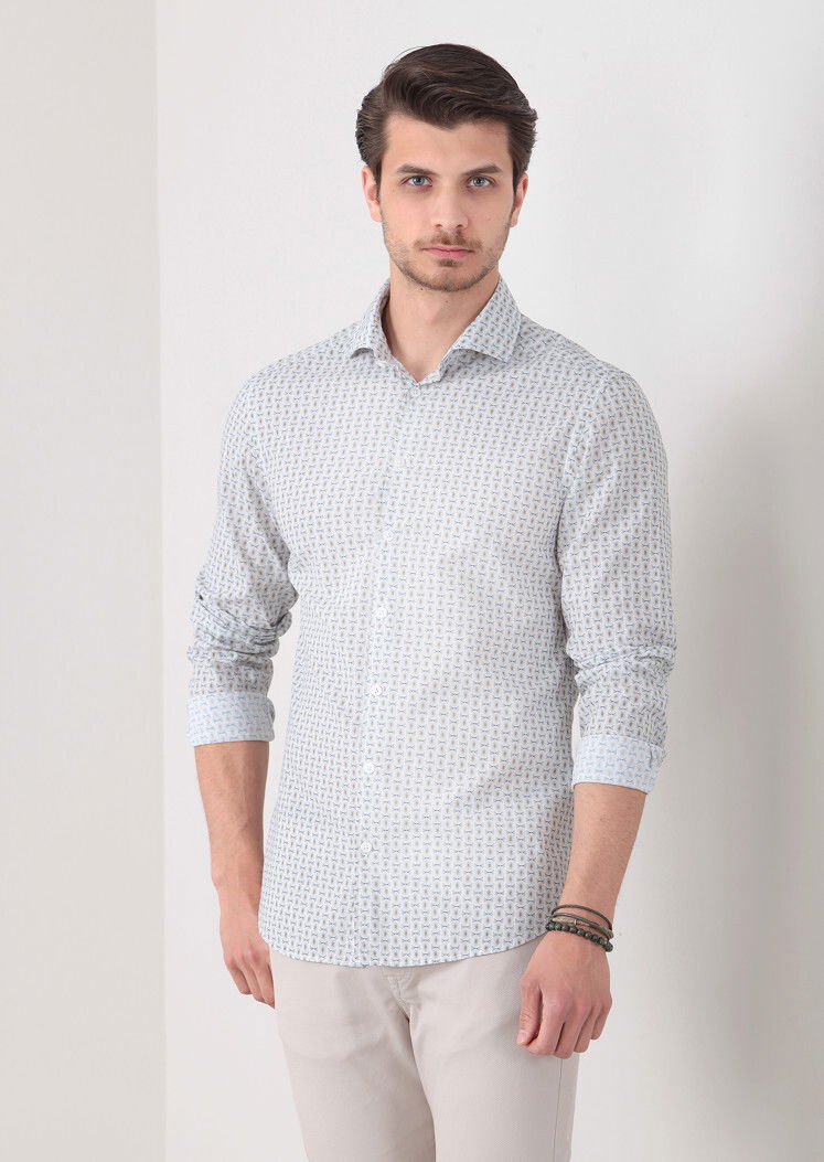 Yeşil Baskılı Slim Fit Dokuma Casual %100 Pamuk Gömlek - 3