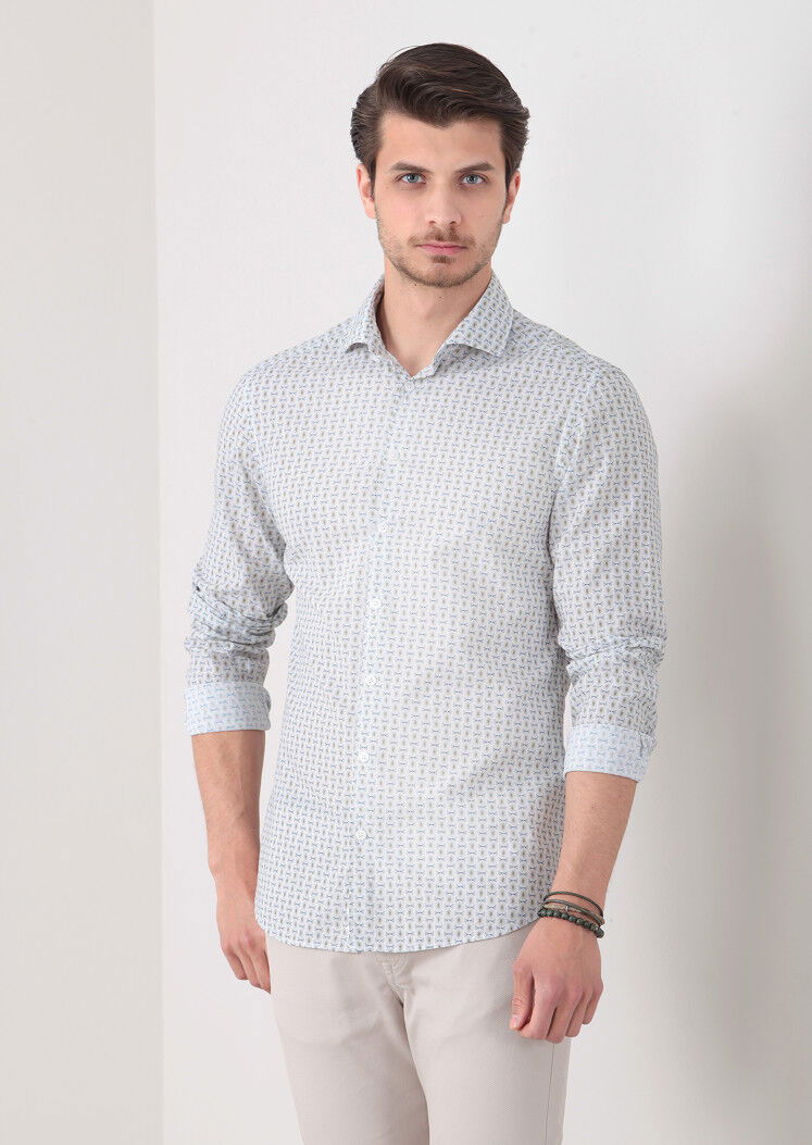 Yeşil Baskılı Slim Fit Dokuma Casual %100 Pamuk Gömlek - 3