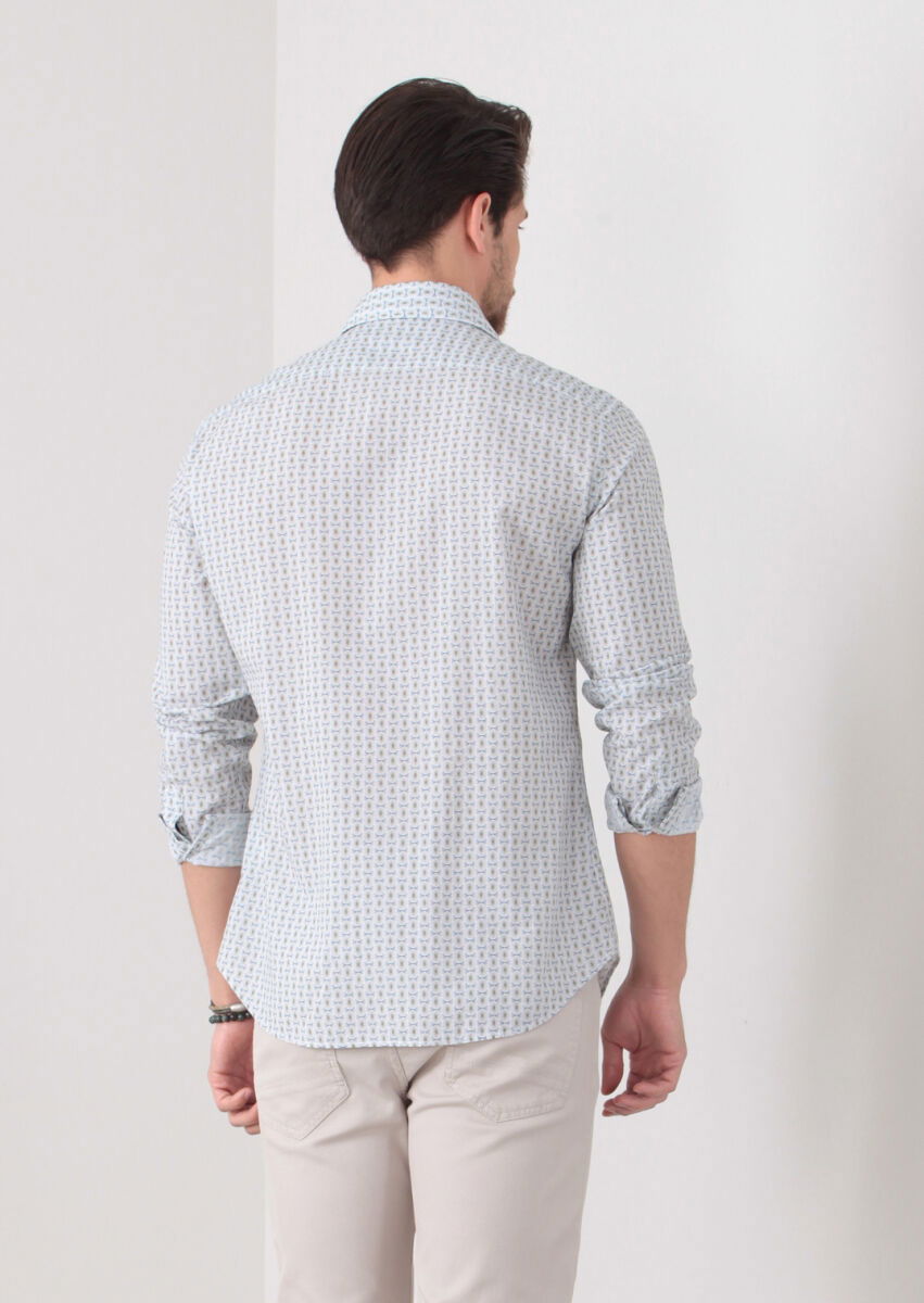 Yeşil Baskılı Slim Fit Dokuma Casual %100 Pamuk Gömlek - 5