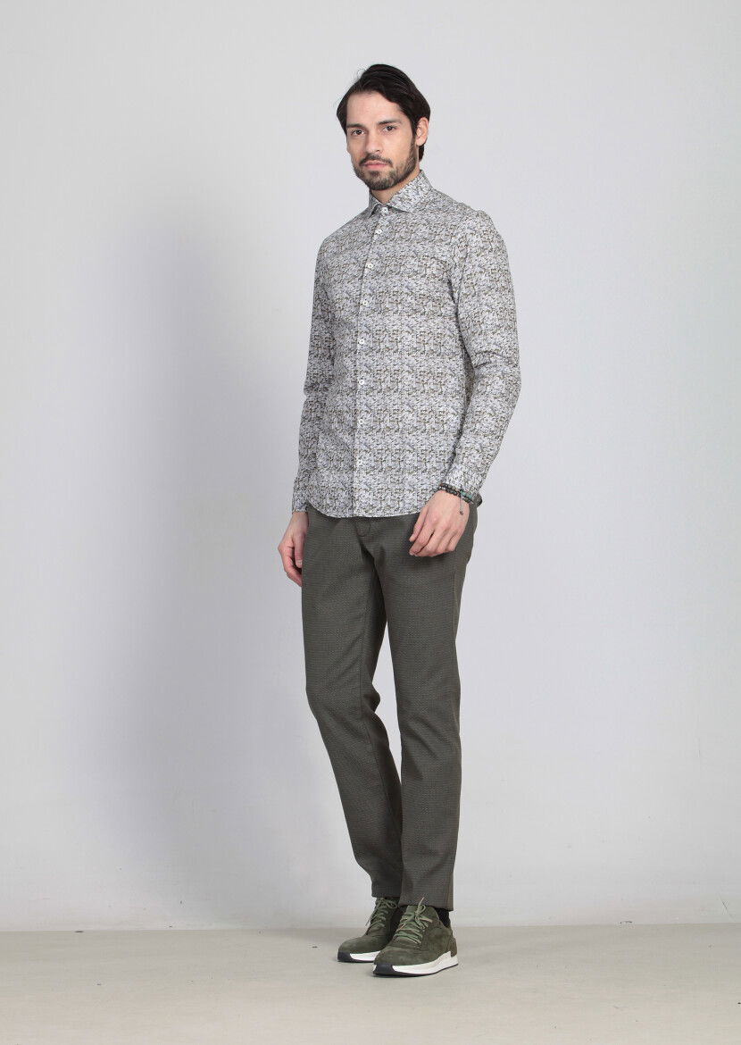 Yeşil Baskılı Slim Fit Dokuma Casual %100 Pamuk Gömlek 