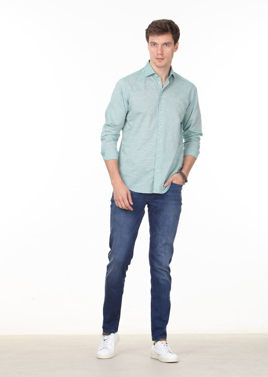 Yeşil Çizgili Regular Fit Dokuma Casual %100 Pamuk Gömlek - 3