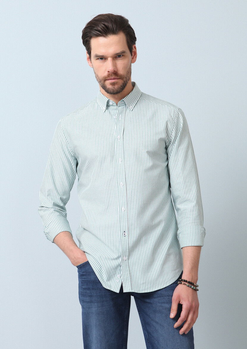 Yeşil Çizgili Regular Fit Dokuma Casual %100 Pamuk Gömlek 