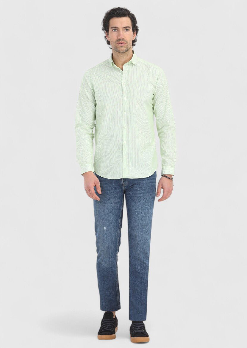 Yeşil Çizgili Regular Fit Dokuma Casual %100 Pamuk Gömlek - 1