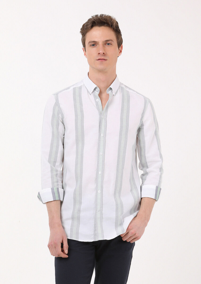 Yeşil Çizgili Regular Fit Dokuma Casual %100 Pamuk Gömlek - 1