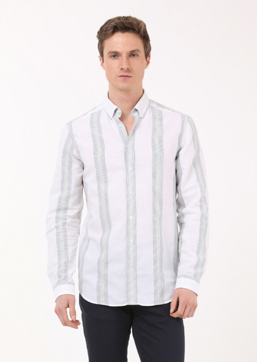 Yeşil Çizgili Regular Fit Dokuma Casual %100 Pamuk Gömlek - 2