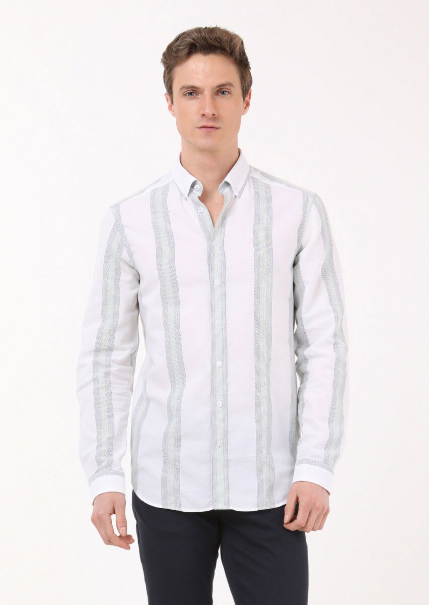 Yeşil Çizgili Regular Fit Dokuma Casual %100 Pamuk Gömlek - 2