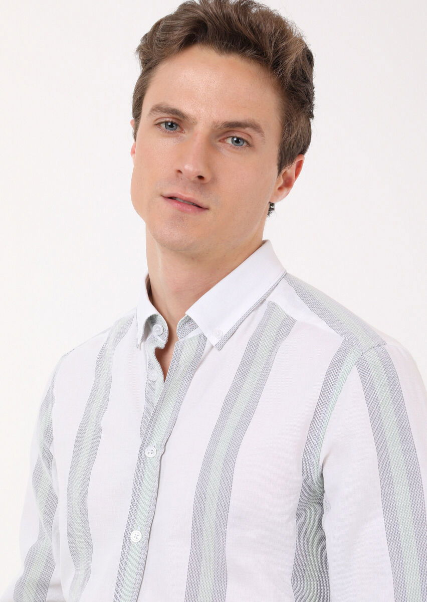 Yeşil Çizgili Regular Fit Dokuma Casual %100 Pamuk Gömlek - 3