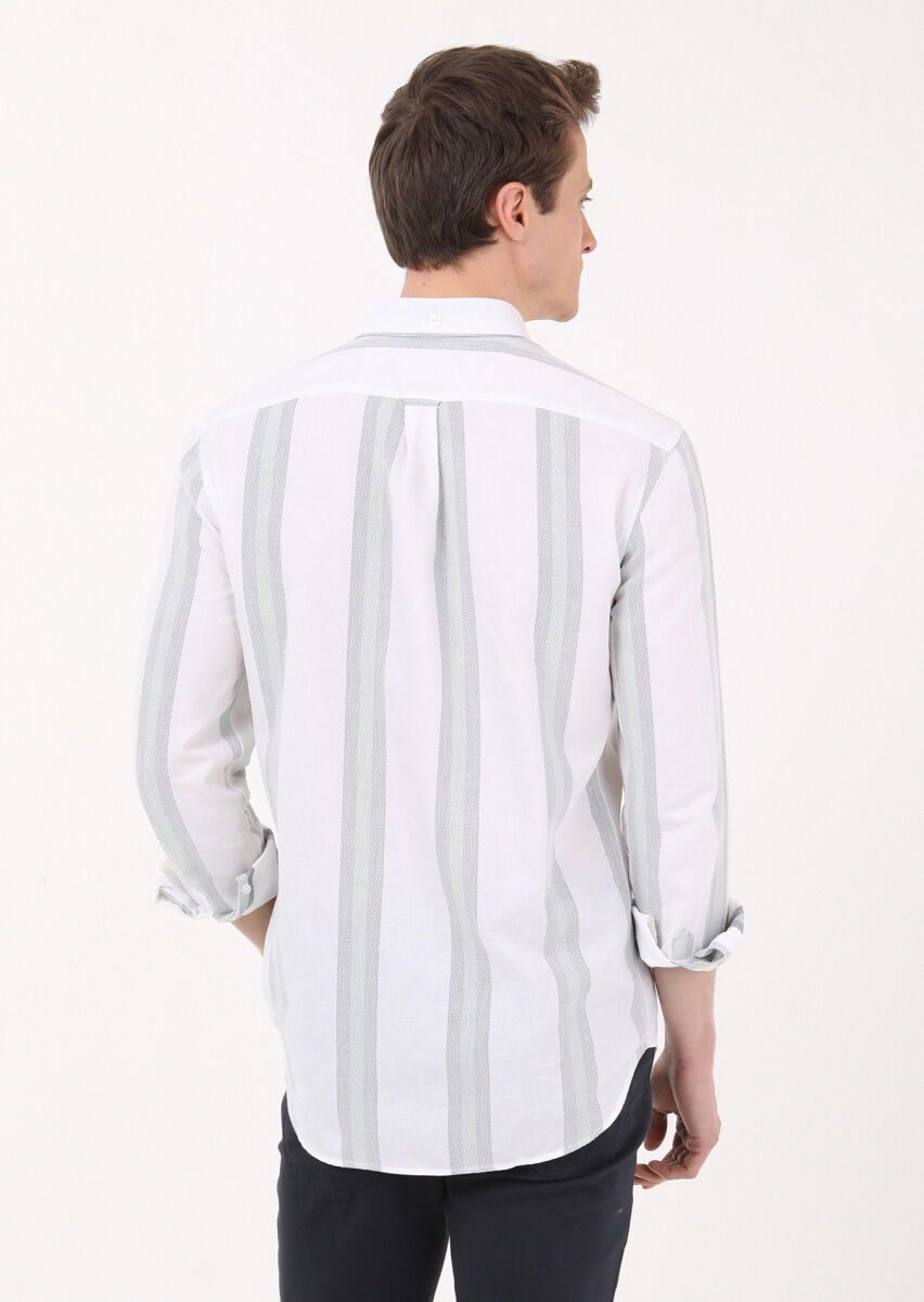 Yeşil Çizgili Regular Fit Dokuma Casual %100 Pamuk Gömlek - 5