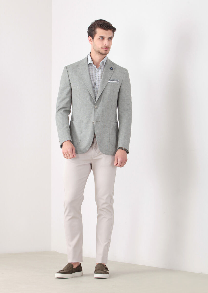 Yeşil Desenli Zeroweight-slim Fit Yün Karışımlı Ceket - 3