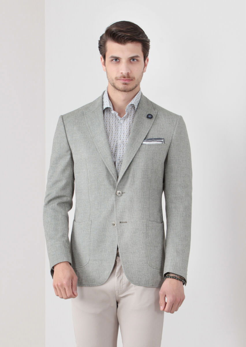 Yeşil Desenli Zeroweight-slim Fit Yün Karışımlı Ceket - 4