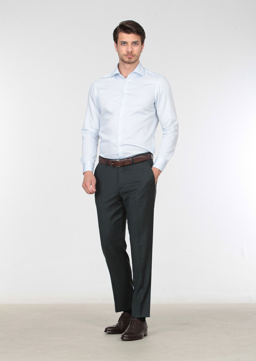 Yeşil Düz Dokuma Regular Fit Klasik %100 Yün Pantolon 