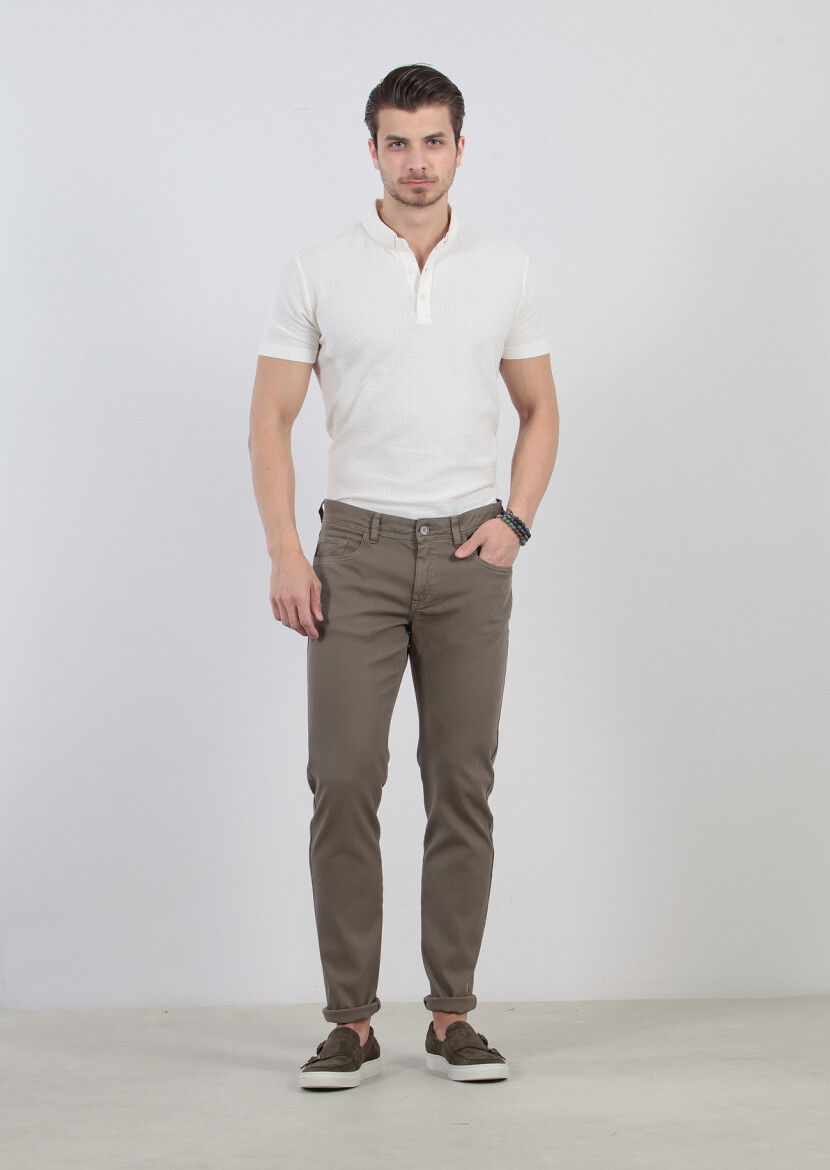 Yeşil Düz Dokuma Slim Fit Casual Pamuk Karışımlı Pantolon 