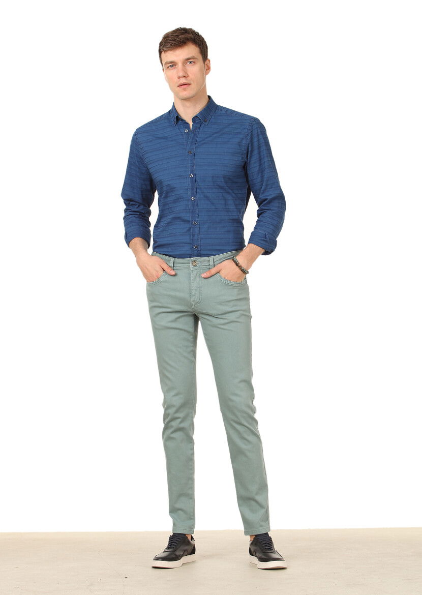 Yeşil Düz Dokuma Slim Fit Casual Pamuk Karışımlı Pantolon 