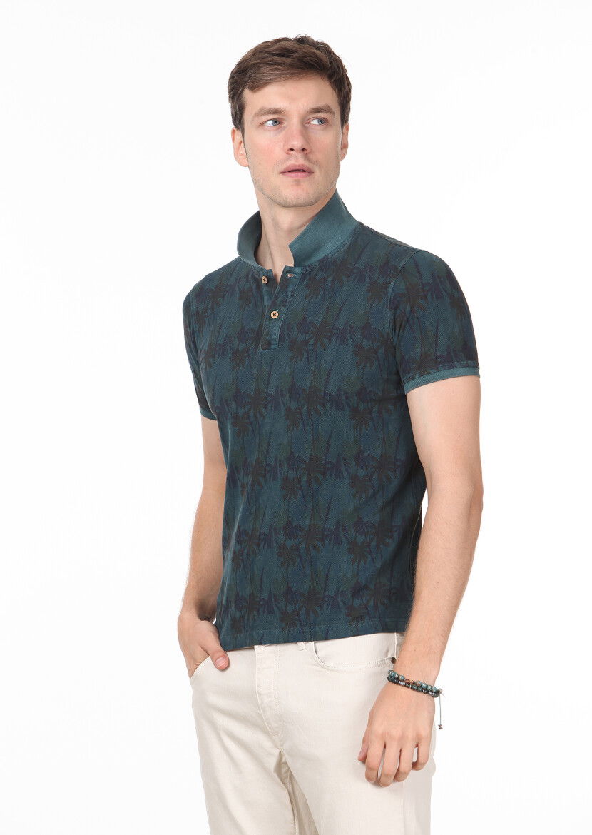 Yeşil Düz Polo Yaka %100 Pamuk T-Shirt 