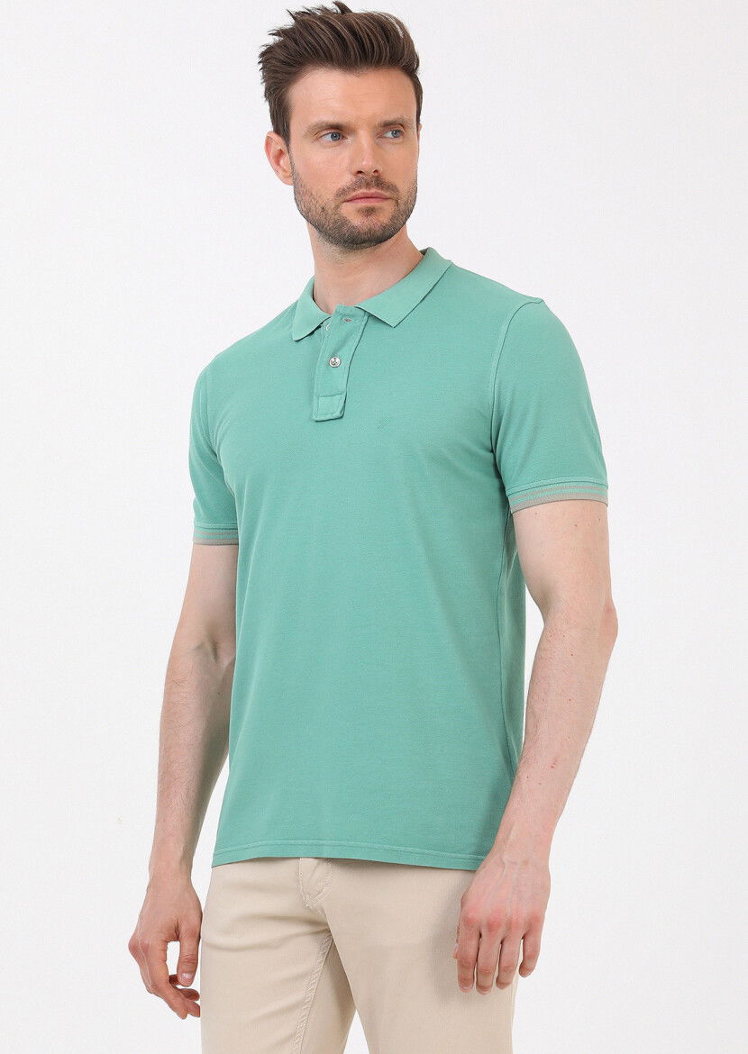 Yeşil Düz Polo Yaka %100 Pamuk T-Shirt 