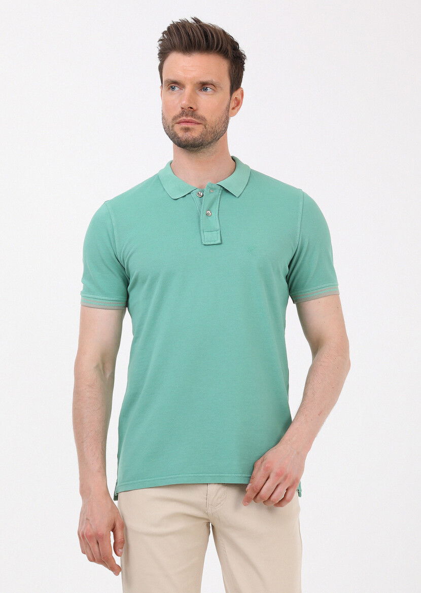 Yeşil Düz Polo Yaka %100 Pamuk T-Shirt - 4