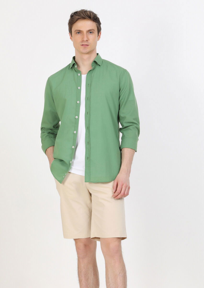 Yeşil Düz Regular Fit Dokuma Casual %100 Pamuk Gömlek - 1
