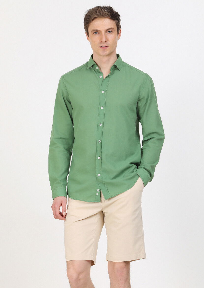 Yeşil Düz Regular Fit Dokuma Casual %100 Pamuk Gömlek 