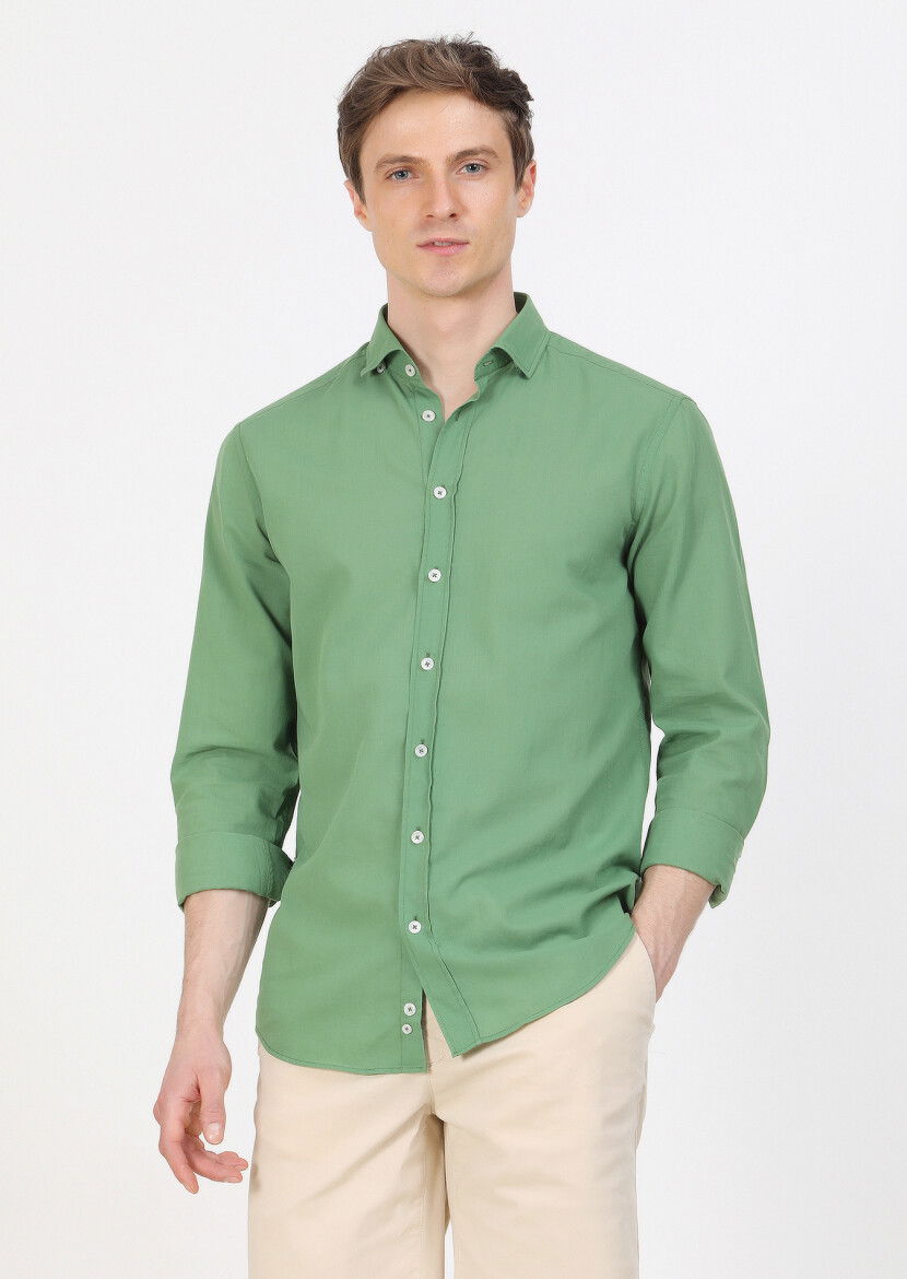 Yeşil Düz Regular Fit Dokuma Casual %100 Pamuk Gömlek - 5
