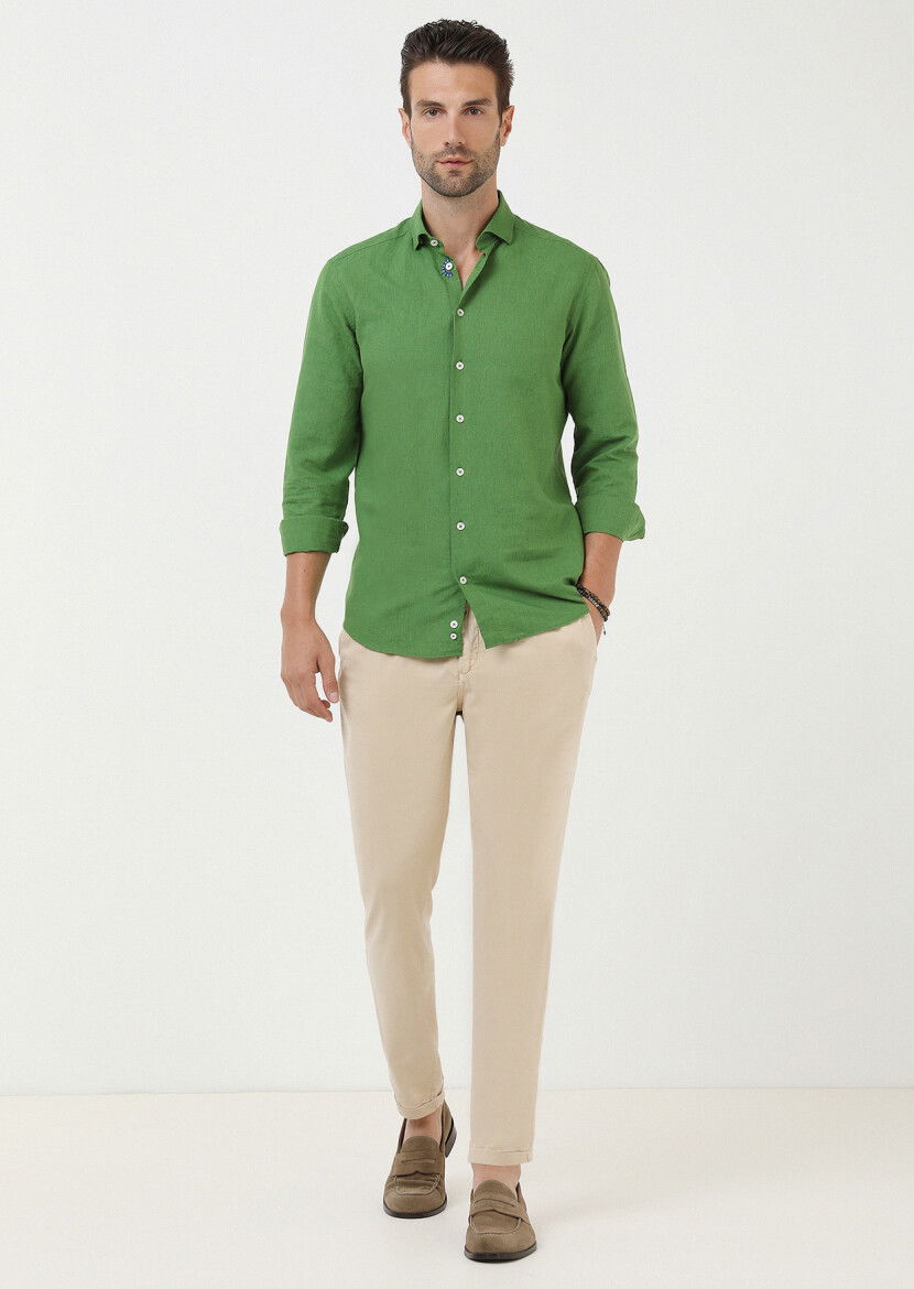 Yeşil Düz Regular Fit Dokuma Casual Pamuk Karışımlı Gömlek - 3
