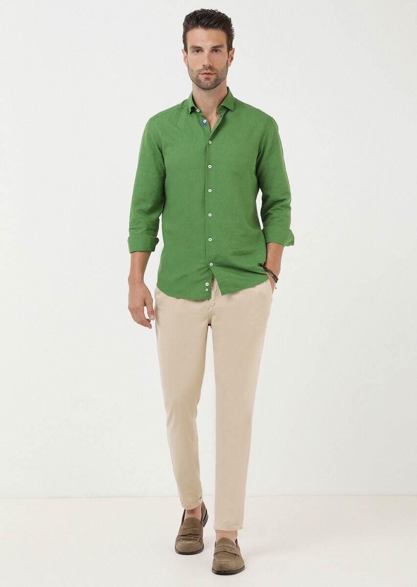 Yeşil Düz Regular Fit Dokuma Casual Pamuk Karışımlı Gömlek - 3