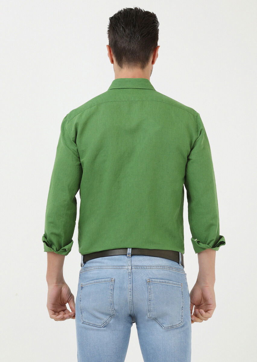 Yeşil Düz Regular Fit Dokuma Casual Pamuk Karışımlı Gömlek - 5