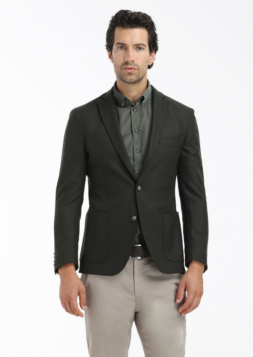 Yeşil Düz Zeroweight Slim Fit Yün Karışımlı Ceket - 2