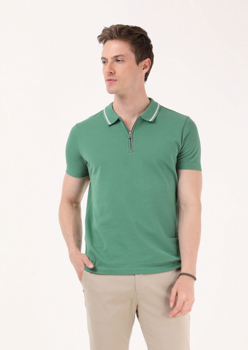 Yeşil Jakarlı Polo Yaka %100 Pamuk T-Shirt - 1