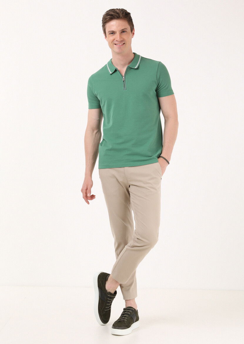 Yeşil Jakarlı Polo Yaka %100 Pamuk T-Shirt - 2