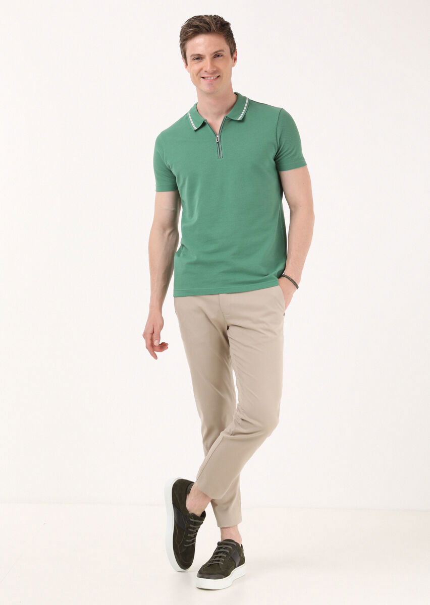 Yeşil Jakarlı Polo Yaka %100 Pamuk T-Shirt - 2