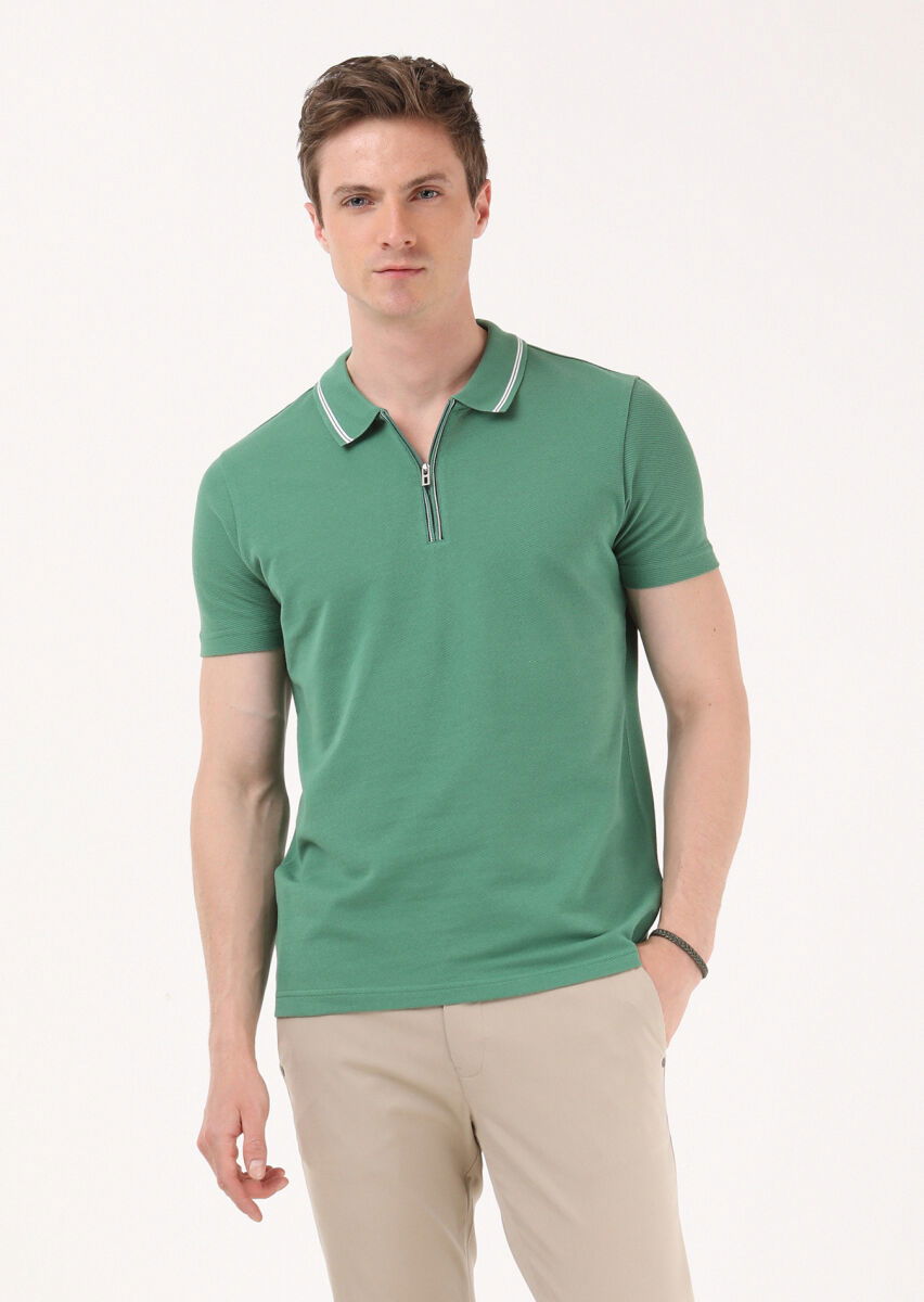Yeşil Jakarlı Polo Yaka %100 Pamuk T-Shirt - 4